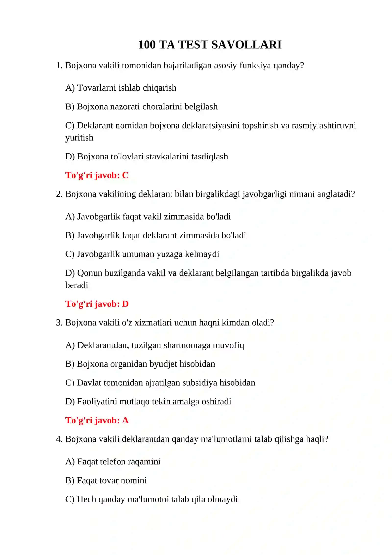 Bojxona Rasmiylashtiruvi 100 Ta Test 3