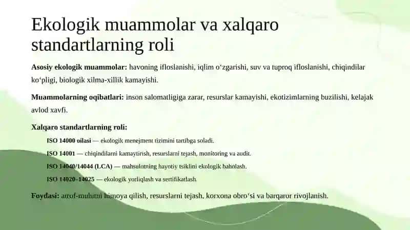 ISO 14000 standartiga kiritilgan asosiy standartlar 3