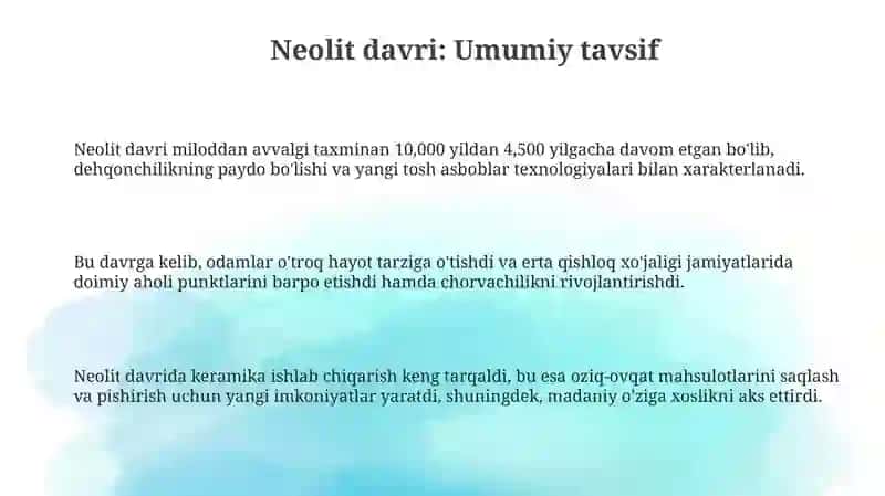 Neolit davri madaniyatlari xususiyatlari 3