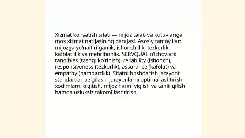 Xizmat ko'rsatish sifati va uni boshqarish yo'llari 3