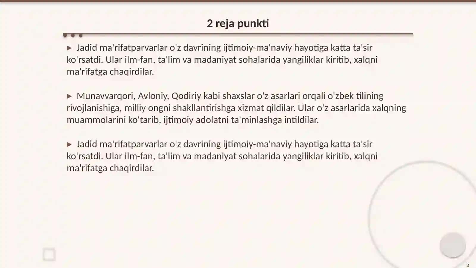 Jadid ma'rifatparvarlarning o'lka ijtimoiy-ma'naviy hayotida tutgan o'rni (Munavvarqori,Avloniy, Qodiriy va boshqalar) 3
