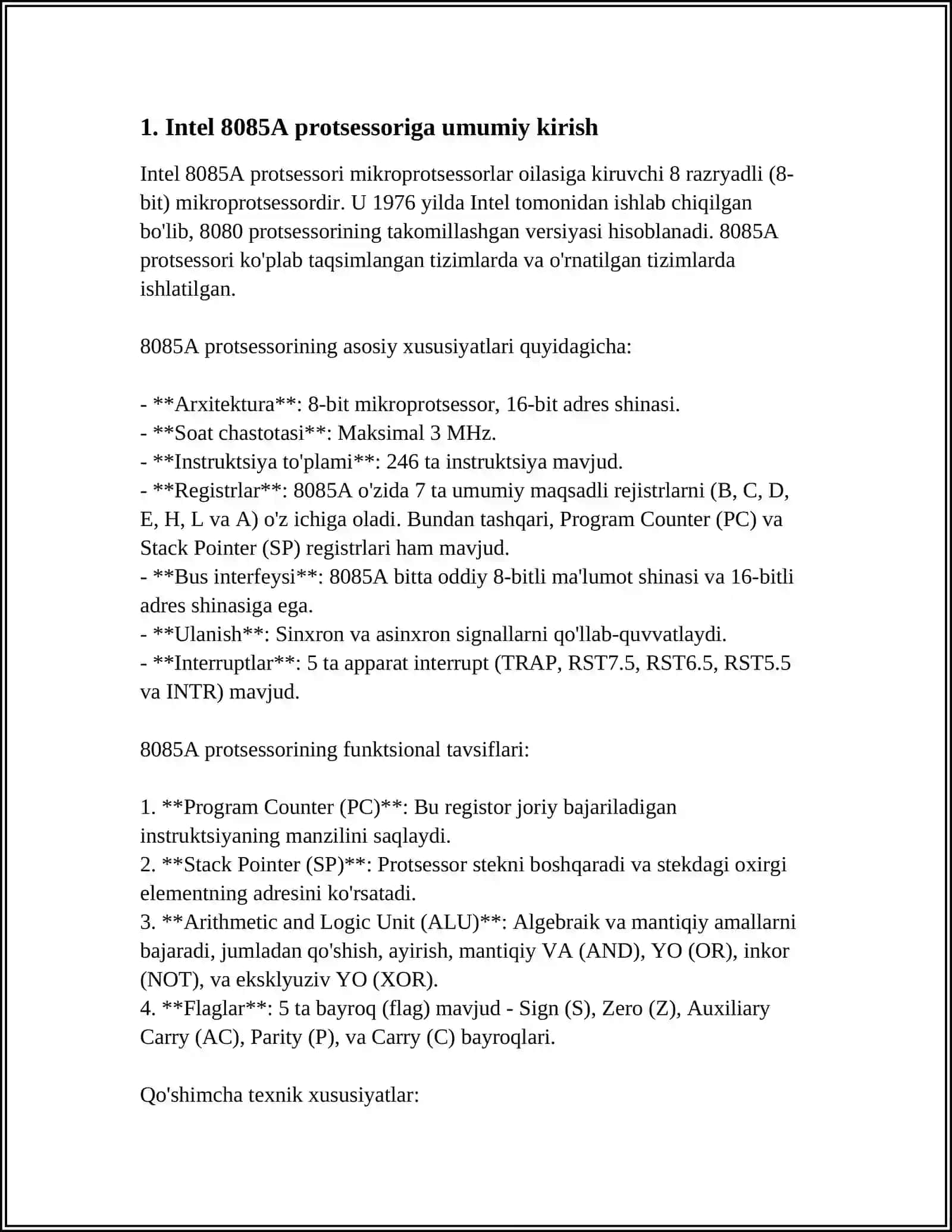 INTEL 8085A PROTSESSORIDA ASSEMBLER BUYRUQLAR TIZIMI VA ULARNING FORMATLARI 3