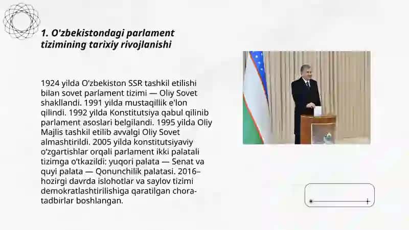O'zbekistondagi parlament tizimi va undagi islohotlar demokratik saylov tizimini yo'lga qo'yilishi 3
