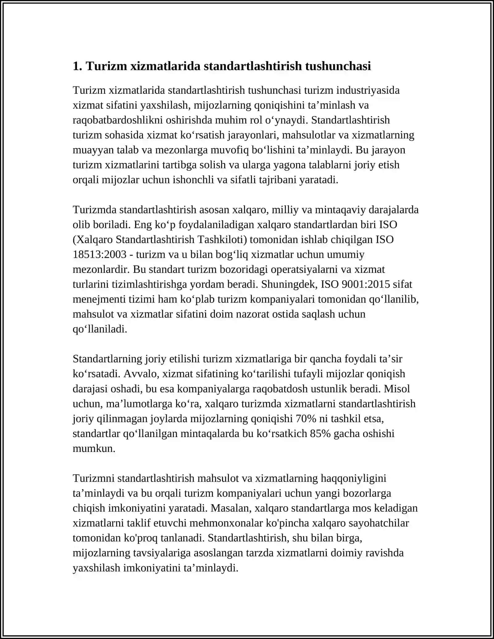 TURIZM XIZMATLARDA STANDARTLASHTIRISH TUSHUNCHASI 3