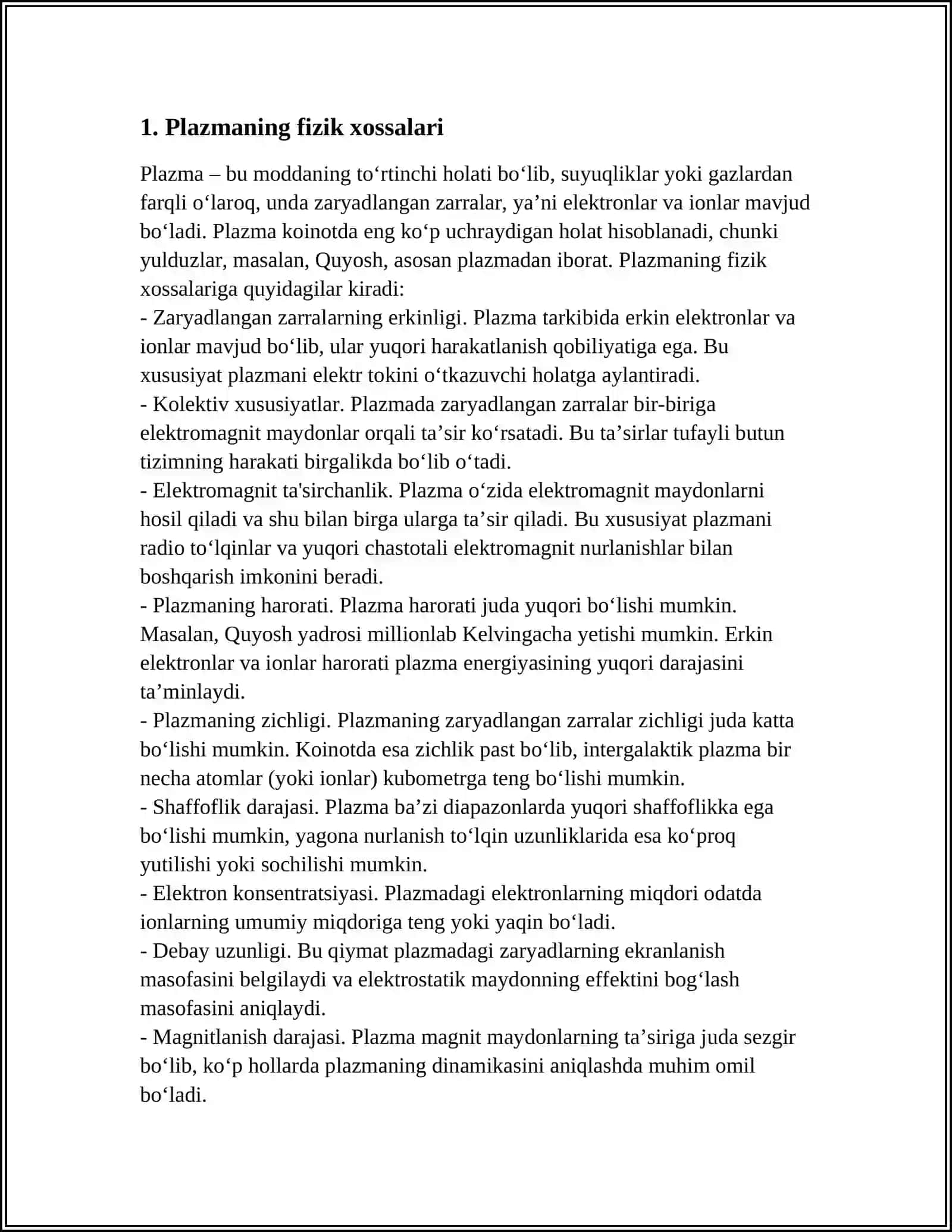 PLAZMA. PLAZMANING XOSSALARI VA QÔLLANILISHI 3