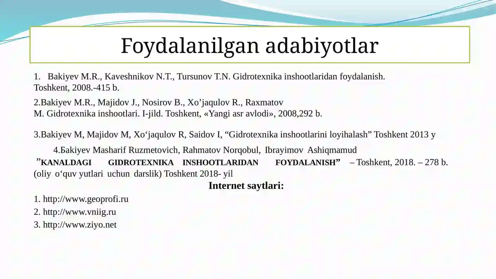 Suvomborlaridagi inshootlar bo‘g‘ini loyihalash uchun dastlabki ma’lumotlarni o‘rganish 3