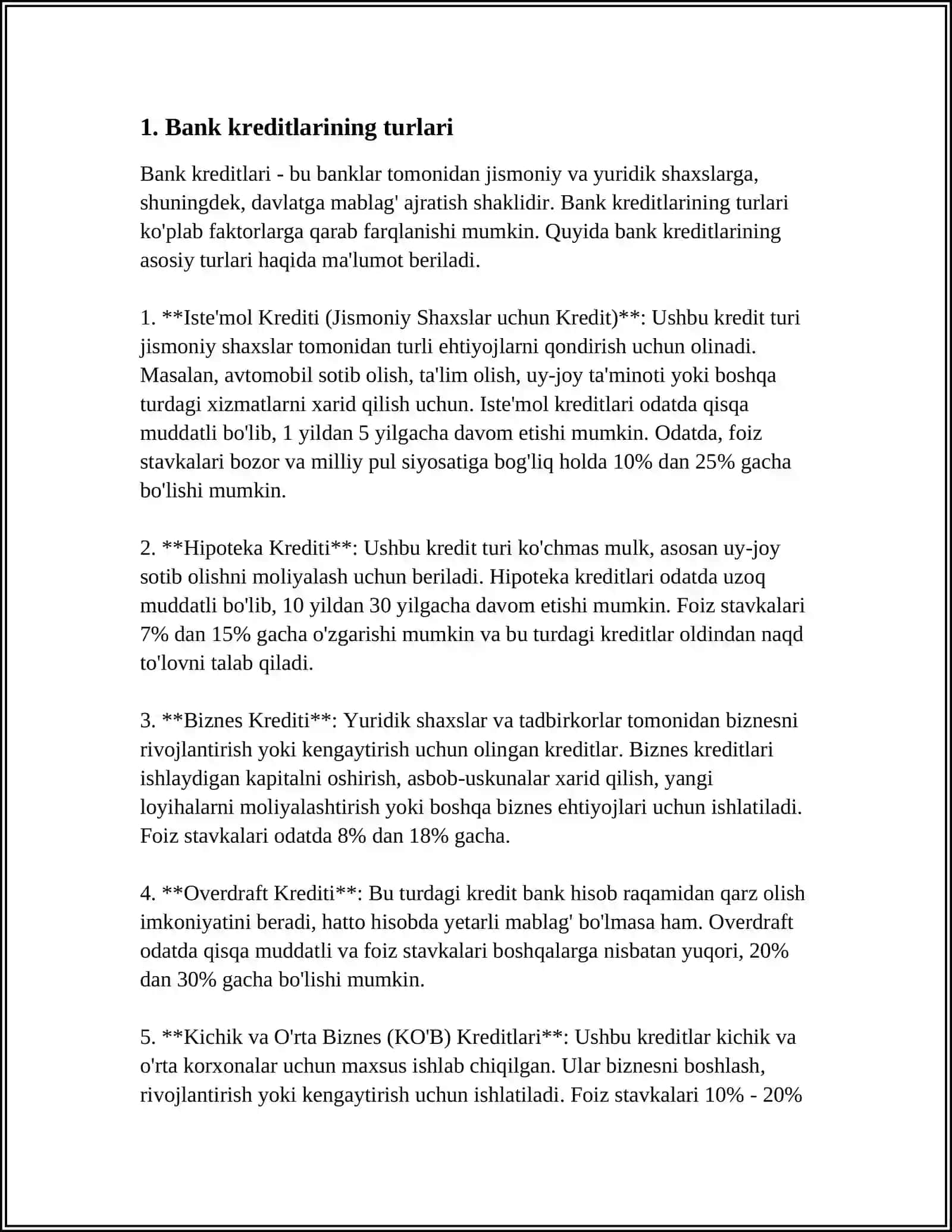 BANKDAN OLINGAN QISQA VA UZOQ MUDDATLI BANK KREDITI 3
