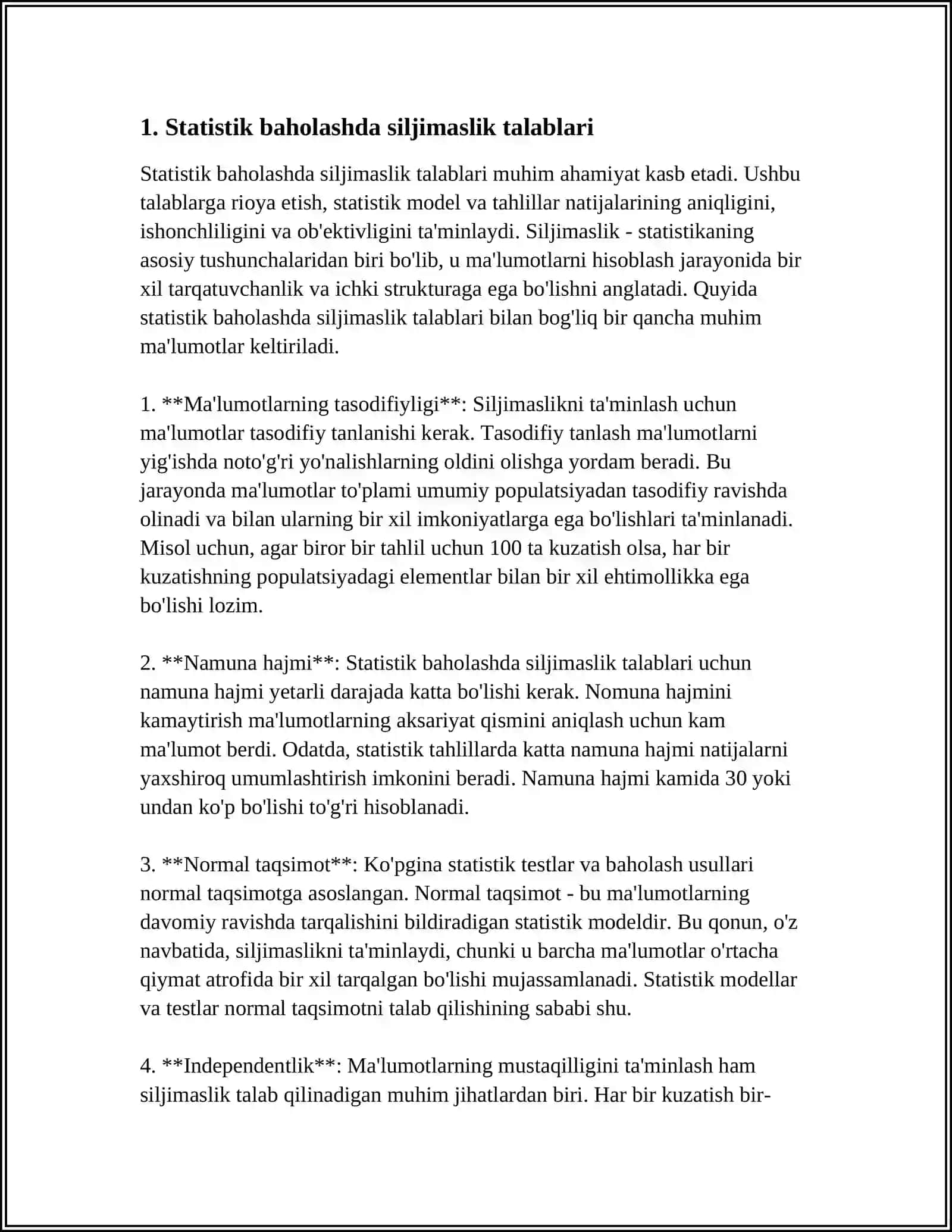 STATISTIK BAHOLARGA TALABLAR:SILJIMASLIK,ASOSLILIK,EFFEKTIVLIK 3