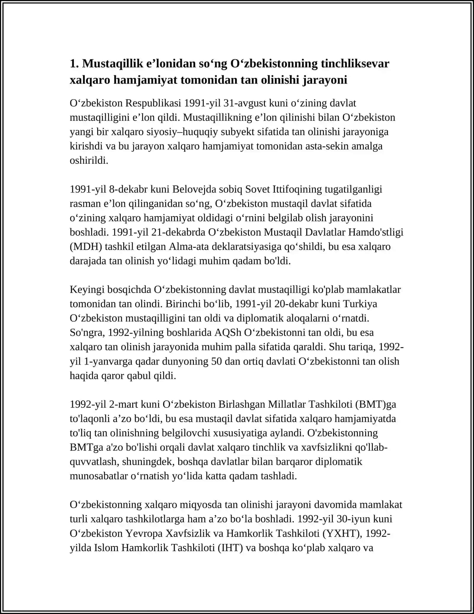 MUSTAQILLIK YILLARIDA OʻZBEKISTON TINCHLIKSEVAR BUTUN HAMJAMIYATI TOMONIDAN TAN OLINISHI 3
