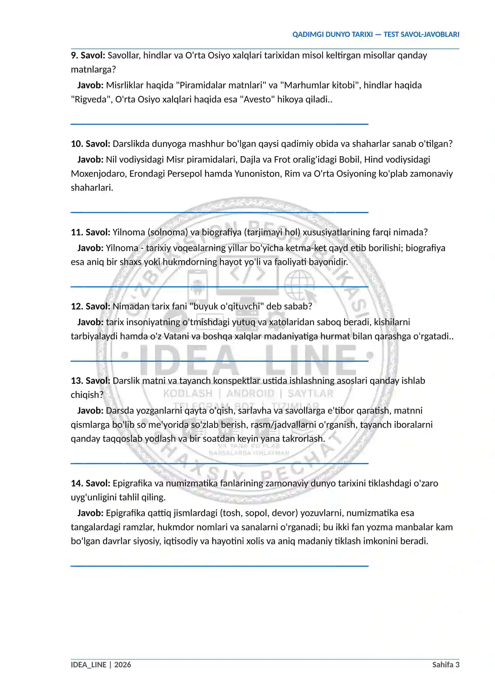 QADIMGI DUNYO TARIXI QADIMGI DUNYO TARIXI — TEST SAVOL-JAVOBLARI 3