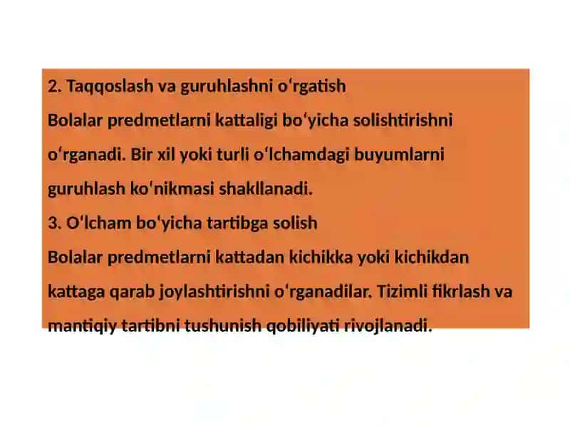 Bolalarni Predmetlar o‘lchami bilan tanishtirish 3