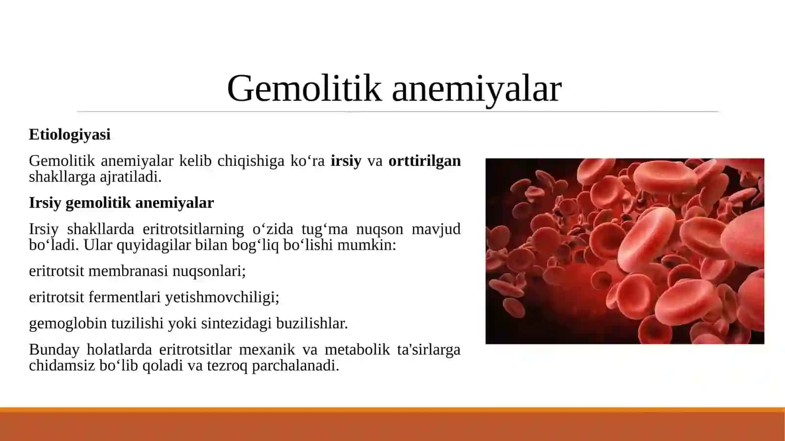 Gemolitik va postgemorragik anemiyalar. Toksiko-gemolitik va postgemorragik anemiyalarning etiologiyasi va patogenezi, turlari, periferik qondagi o'zgarishlar. Anemiyalarni toksiko - gemolitik turida periferik kon ko'rinishlarini o'rganish (klinik materiallar buyicha) va klinik tahlil etish. 3