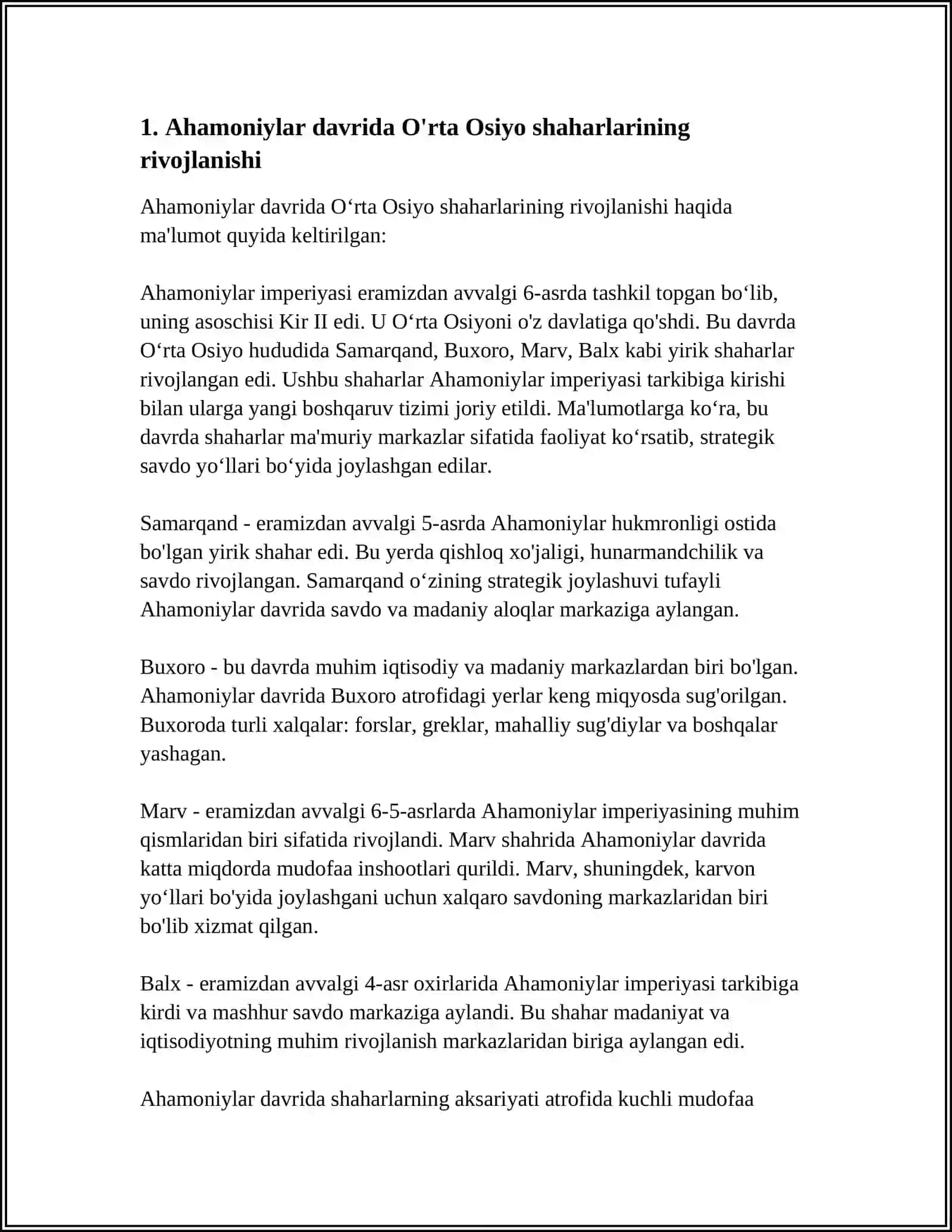Ahamoniylar davrida O'rta Osiyo shaharlarining rivojlanishi 3
