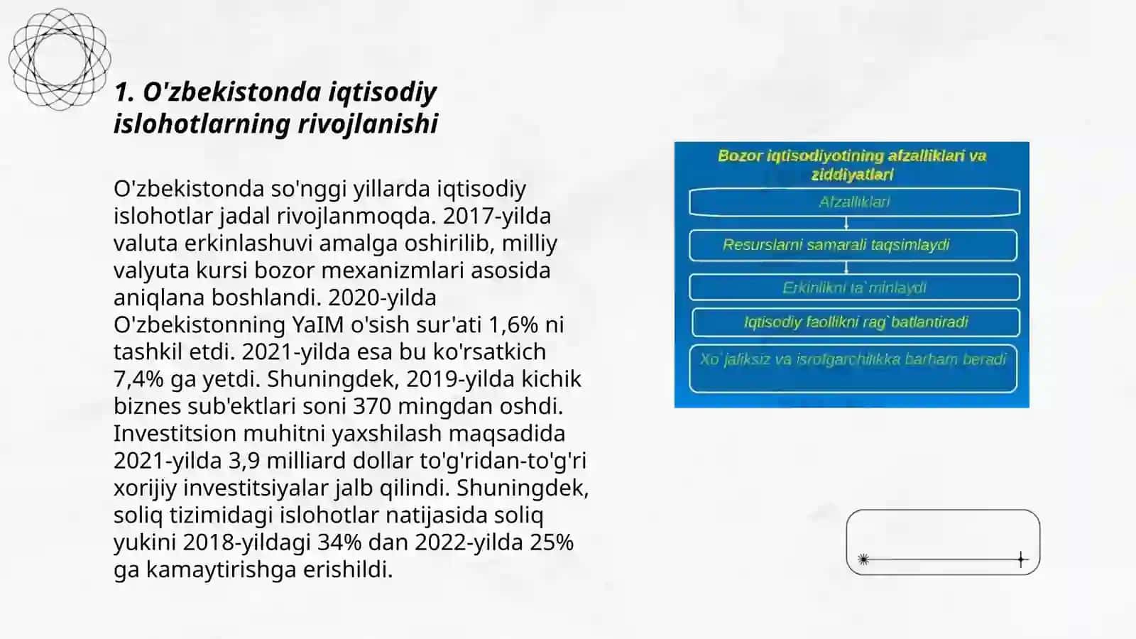 Iqtisodiy islohotlar,xususiy mulkchilikning shakllanishi.O'zbekistonda bozor munosabatlarining rivojlanishi 3