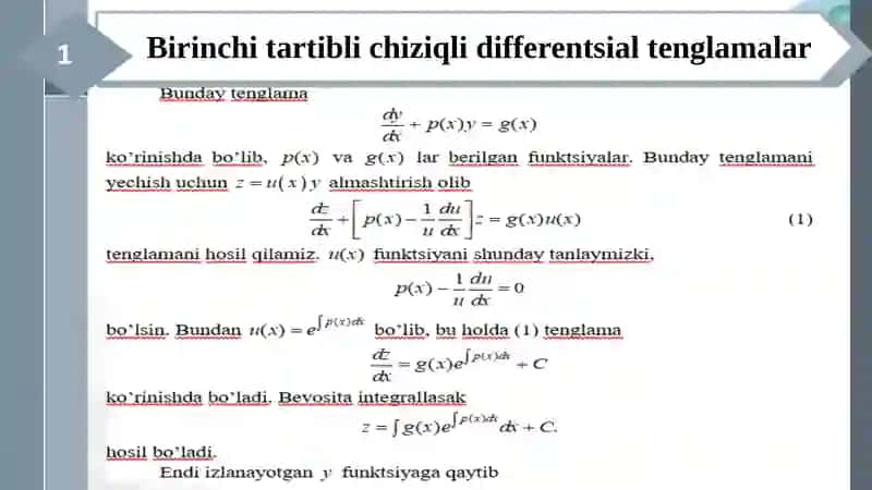 Birinchi tartibli chiziqli va Bernulli tenglamalari. To‘la differensialli differensial tenglamalar. 3