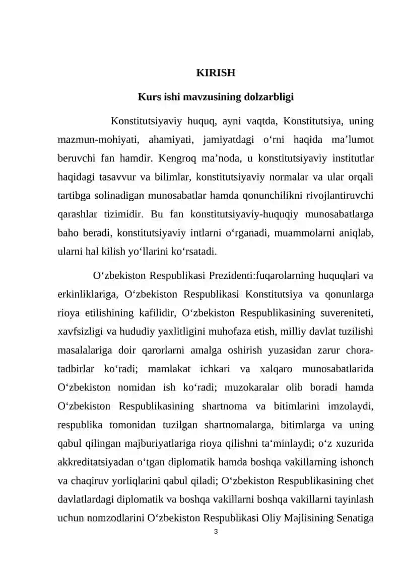 KURS ISHI: “Oʻzbekiston Respublikasi prezidentining konstitutsiyaviy huquqiy maqomi” 3