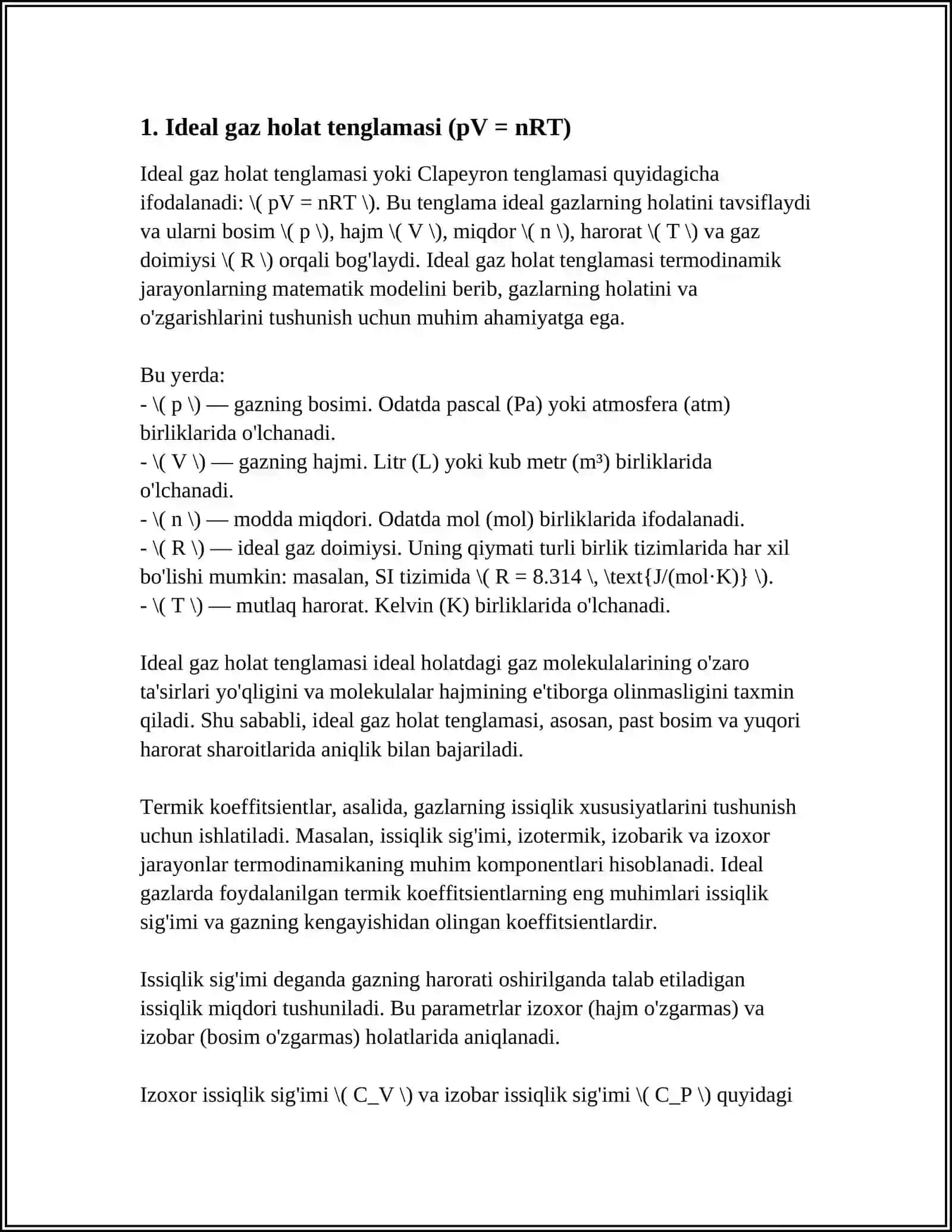 HOLAT TENGLAMALARI VA TERMIK KOEFFITSIENTLAR 3