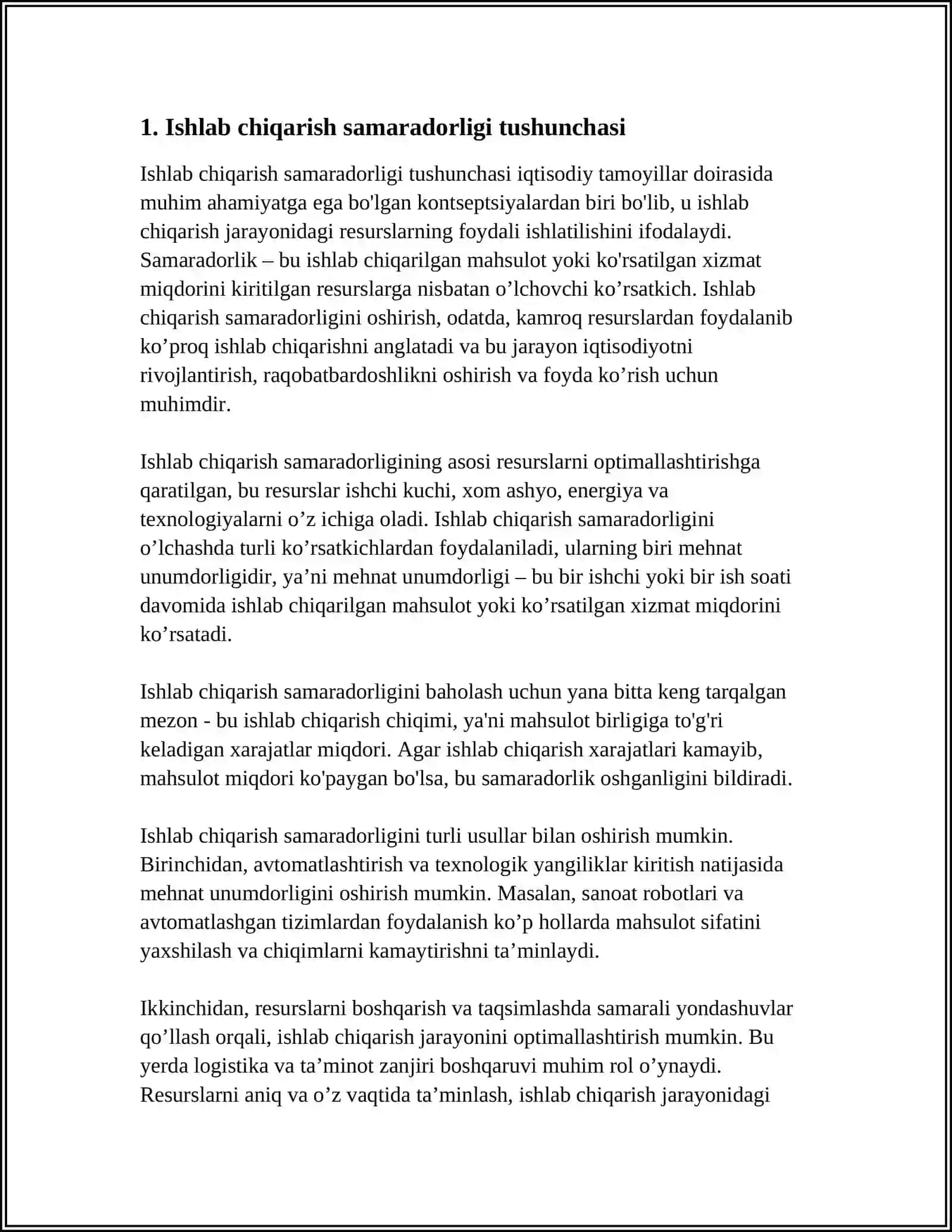 MUSTAQIL ISH Mavzu: ISHLAB CHIQARISH SAMARADORLIGI VA UNING KOʻRSATKICHLARI 3