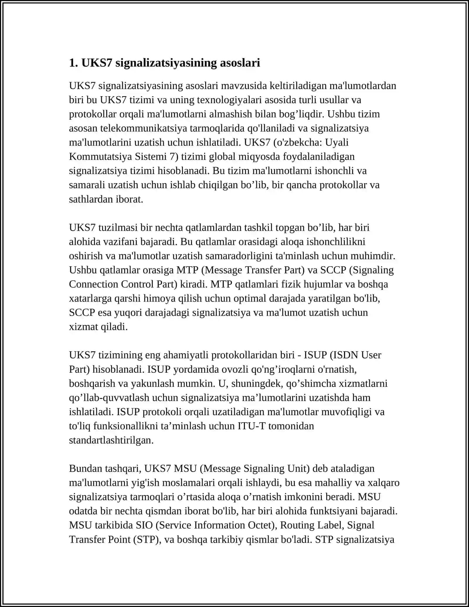 UKS7 SIGNALIZATSIYASI - ISUP SS №7 QUYI TIZIMINING FUNKSIYALARINI VA UNING XABARLARI TURLARINI O‘RGANISH, QO‘NG‘IROQNI TUGATISHNING TURLI VARIANTLARI UCHUN SIGNAL DIAGRAMMASINI QURISH 3