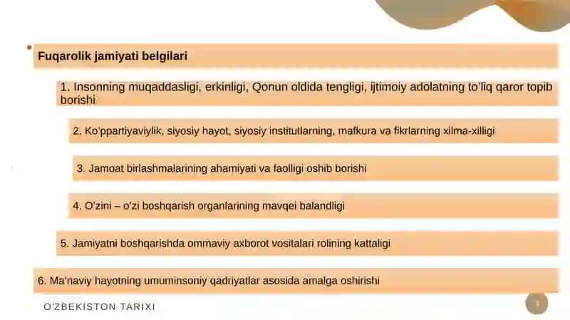 O‘zbekistonda demokratik, fuqorolik jamiyati asoslarining shakllanishi, amalga oshirilgan siyosiy islohotlar. 3