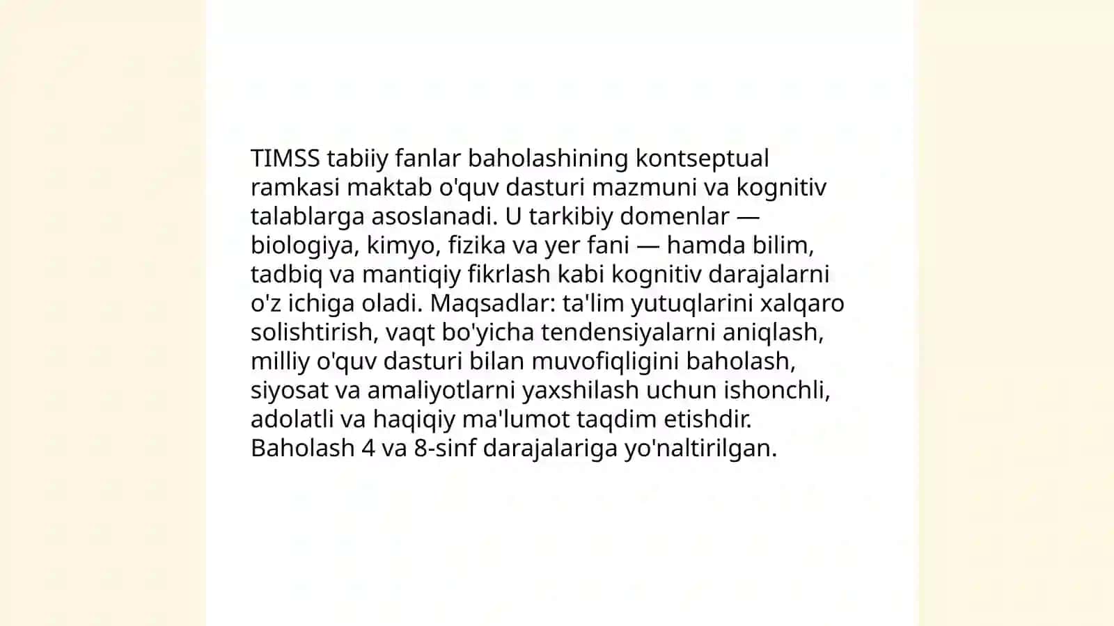 TIMSS tabiiy fanlar baholash qamrov doirasi mazmuni mohiyati 3