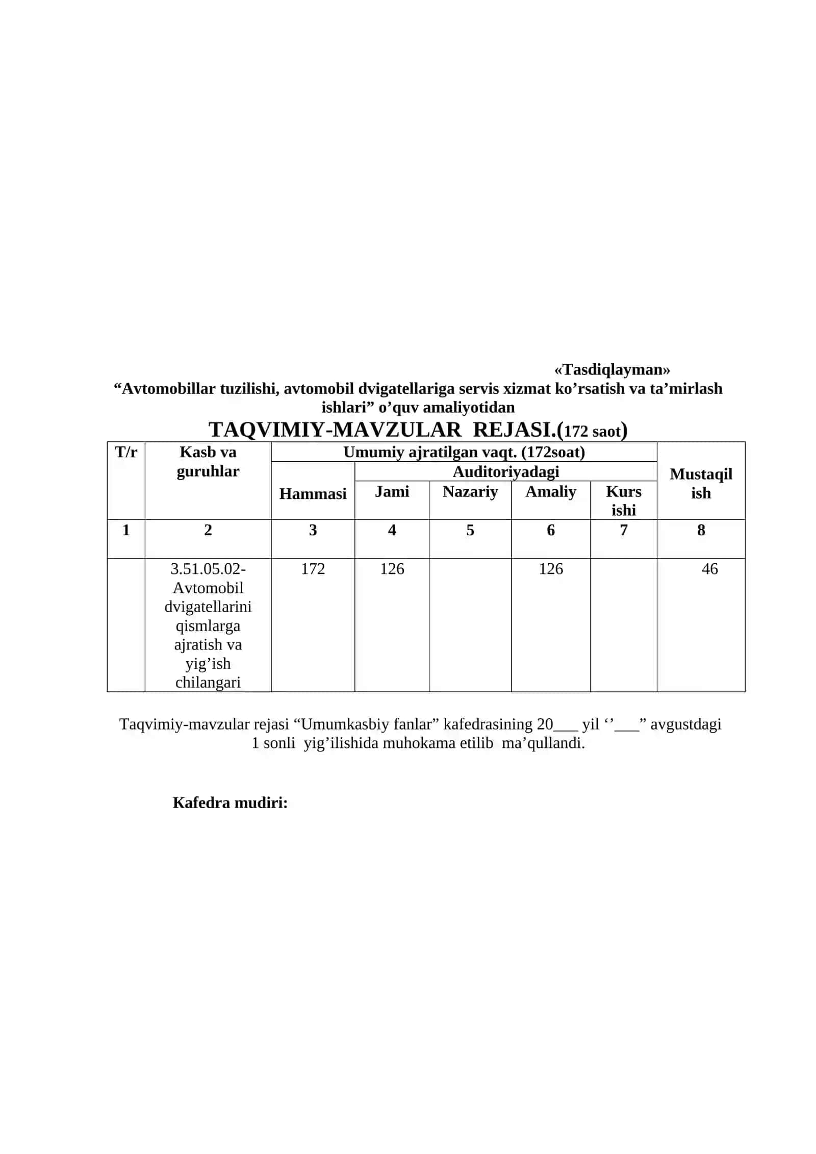 AVTOMOBILLAR TUZILISHI, AVTOMOBIL DVIGATELLARIGA SERVIS XIZMAT KO’RSATISH VA TA’MIRLASH ISHLARI O’QUV AMALIYOTIDAN O’QITISH MATERIALLARI TO`PLAMI 3