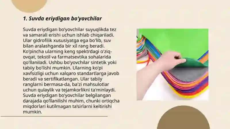 Toʻqimachilik materiallarini suvda eriydigan boʻyovchi moddalar bilan boʻyash 3