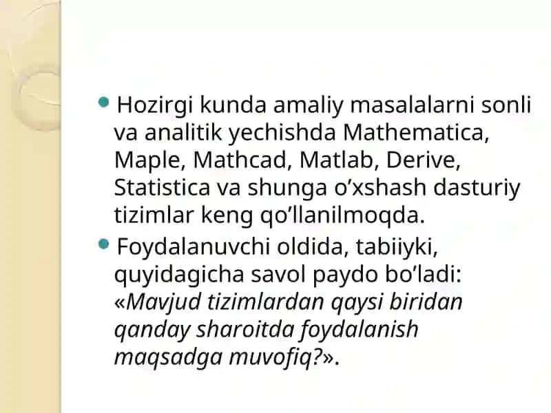 Nostandart modellashtirish, sonli tahlil qilish usullarini tizimlarda amalga oshirish 3
