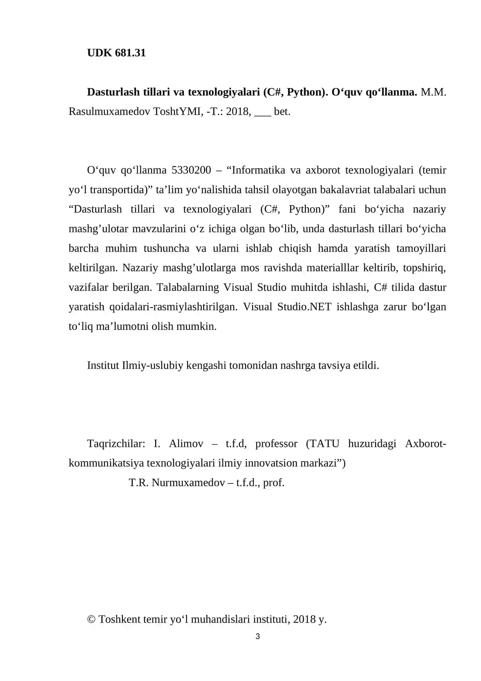 Dasturlash tillari va texnologiyalari (C#, Python) 3
