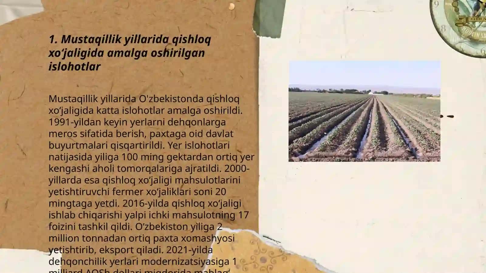 O‘zbekistonda mustaqillik yillarida qishloq xo'jaligi va sanoat sohasidagi o‘zgarishlar 3