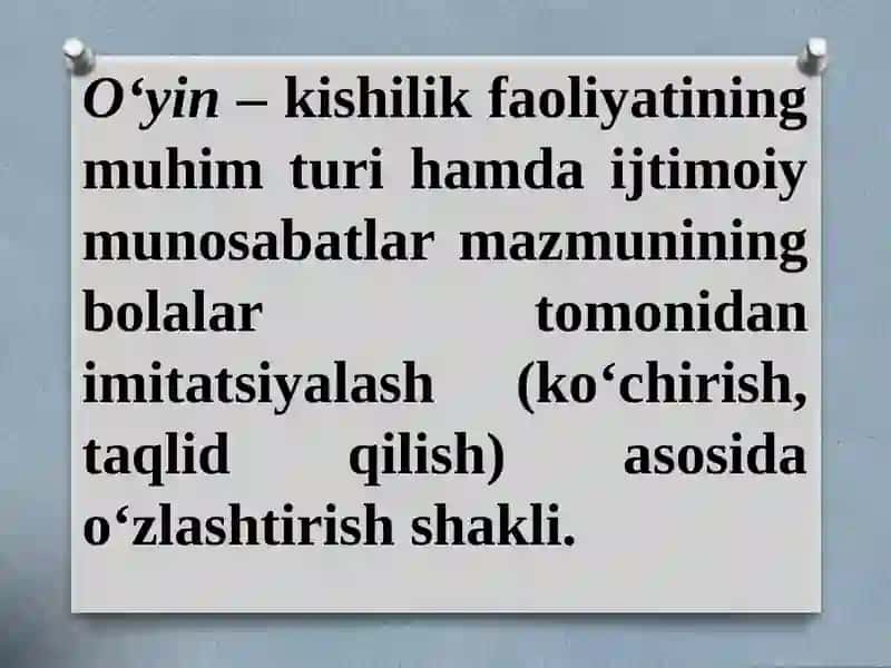 O‘yin bola tarbiyasining muhim vositasi. Bola tarbiyasida o‘yinchoqning ahamiyati. Maktabgacha ta’lim tashkilotlarida o‘yinlarni tashkil etish texnologiyasi. 3