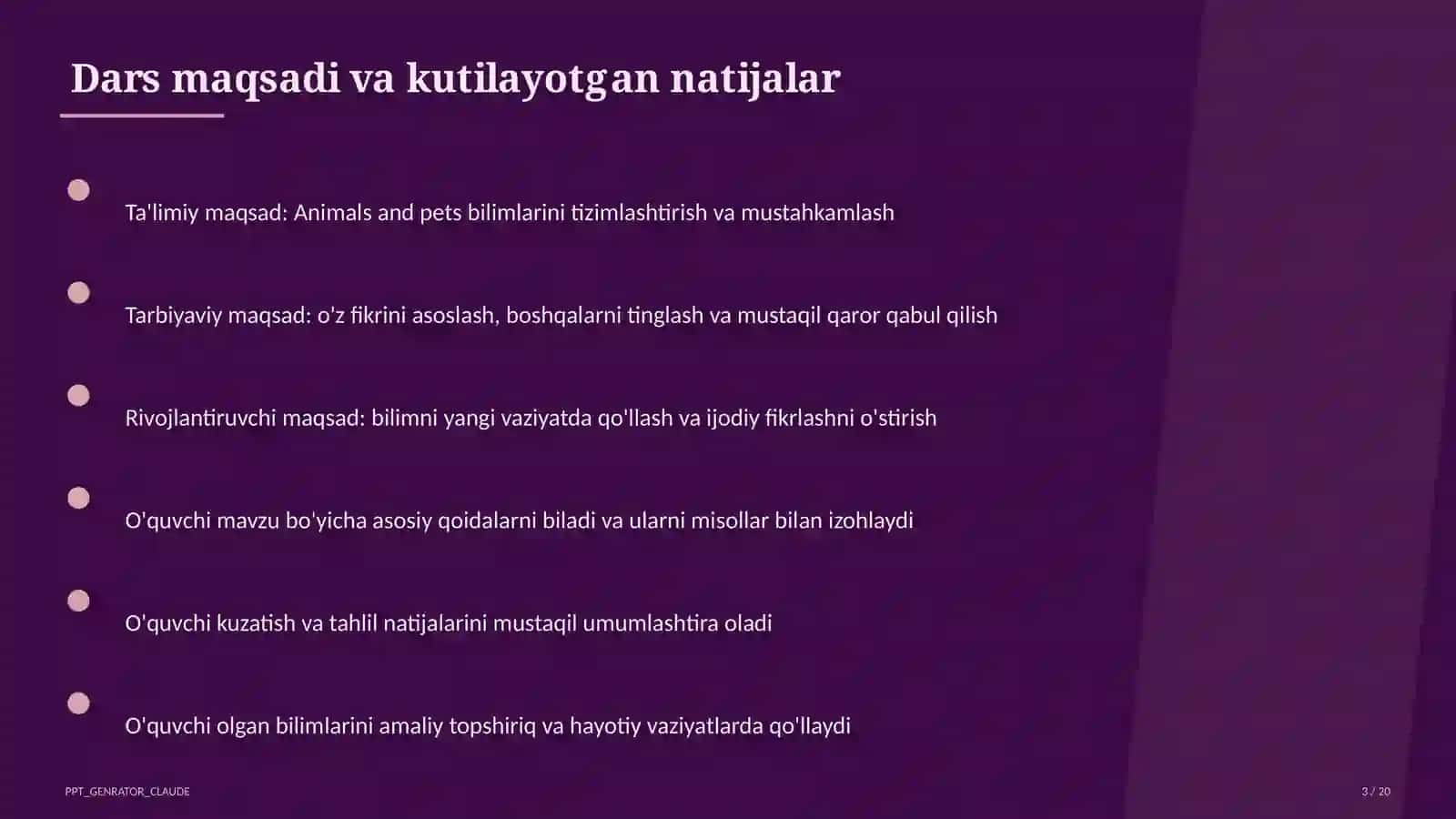 Animals and pets (2-sinf) Ingliz tili (1–11) — takrorlash darsi uchun 3