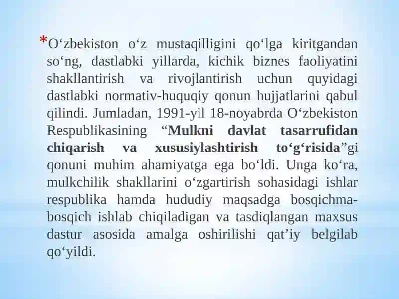 О‘ZBEKISTONDA IQTISODIY ISLOHOTLARNING  AMALGA OSHIRILISHI, BOZOR MUNOSABATLARINING SHAKLLANISHI 3
