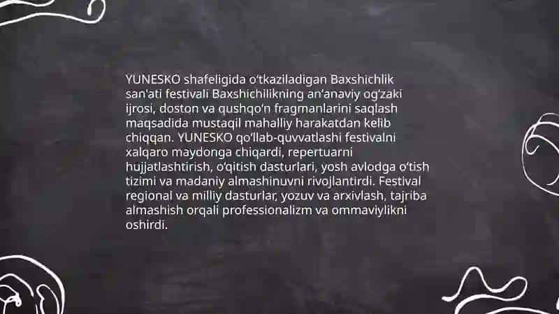 YUNESKO shafeligida oʻtkaziladgan Baxshichlik san'ati festivali milliy oʻzlikni targʻibotchisidr 3