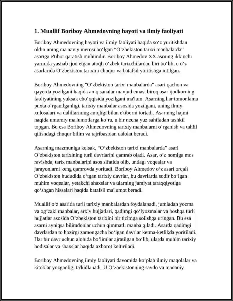 BORIBOY AHMEDOVNI OZBEKISTON TARIXI MANBALARDA ASARI QACHON QAYERDA YOZILGAN NECHA BET VA ASARNING MAZMUNI NIMALAR HAQIDA YORITILGAN 3