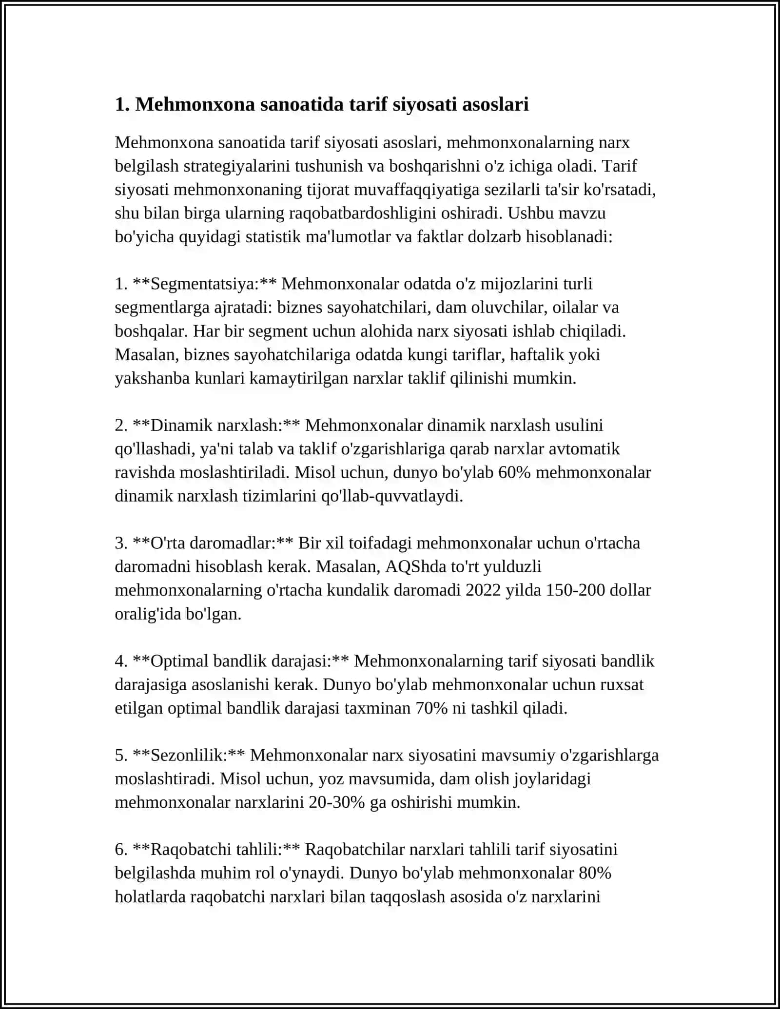 MEHMONXONA SANOATIDA XIZMATLAR NARXINI BELGILASH TARIF SIYOSATINI YARATISH 3