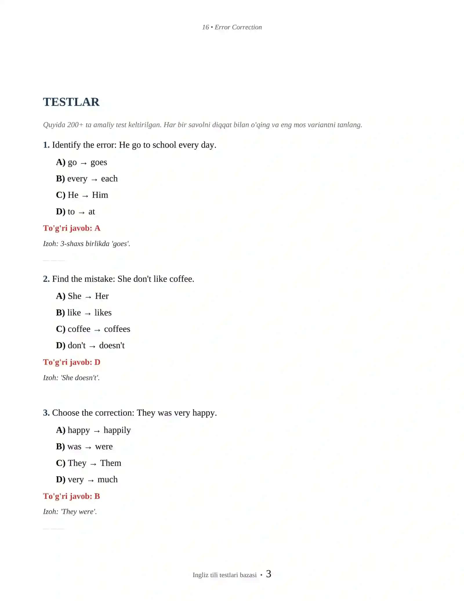 INGLIZ TILI ERROR CORRECTION TESTLARI 3