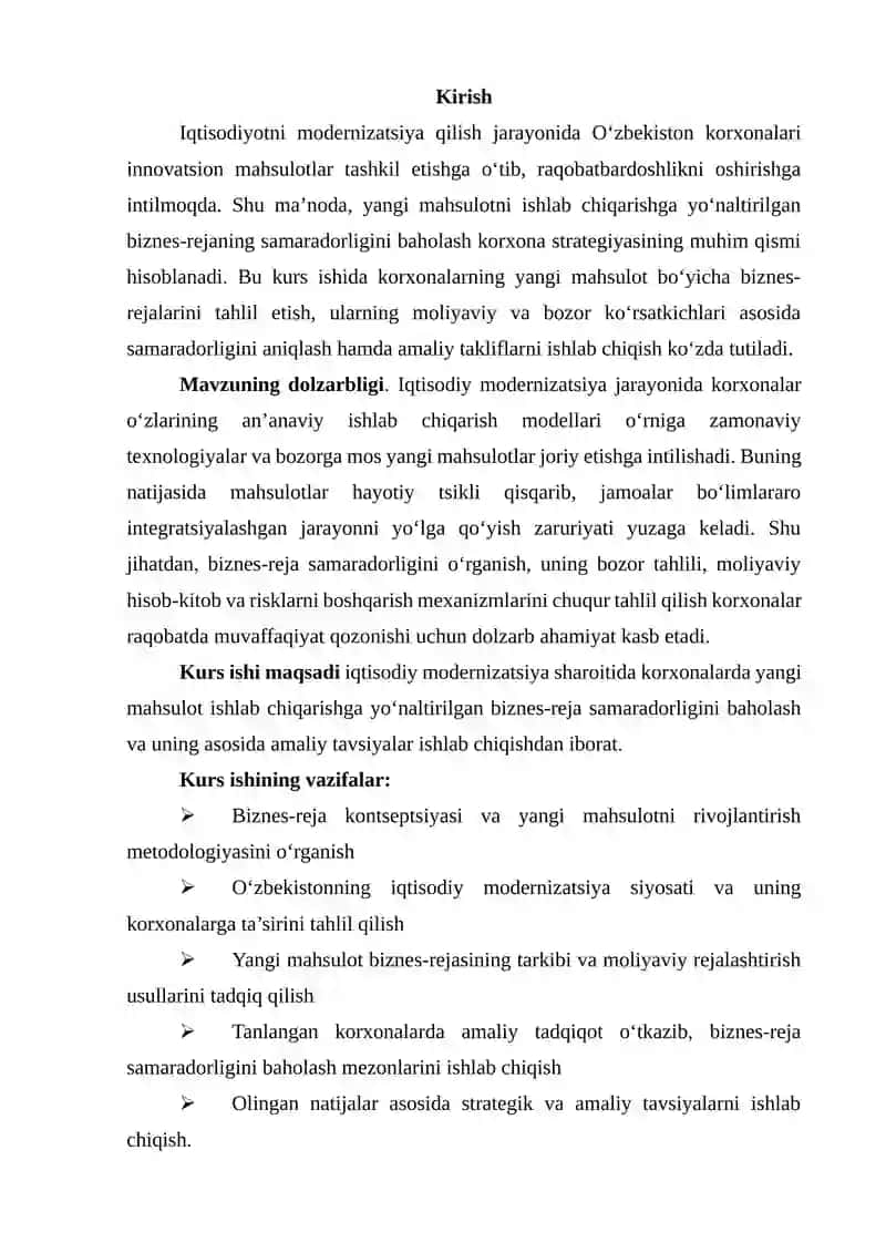 “Iqtisodiyotni modernizatsiyalash sharoitida korxonalarda yangi mahsulotni ishlab chiqarishga yo‘naltirilgan biznes-reja samaradorligi” mavzusida ilmiy ish 3