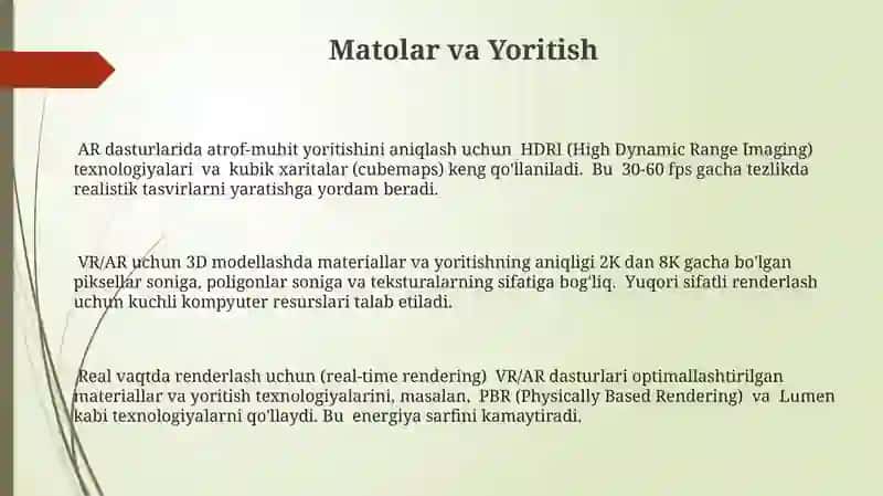 Virtual va kengaytirilgan haqiqat (VR/AR) uchun grafikalar yaratish 3