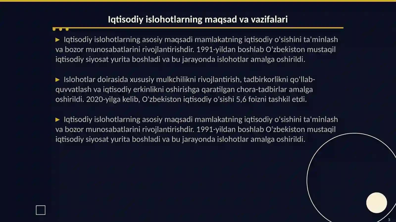 Iqtisodiy islohotlar, xususiy mulkchilikning shakllanishi. Õzbekistonda bozor munosabatlarining rivojlanishi 3