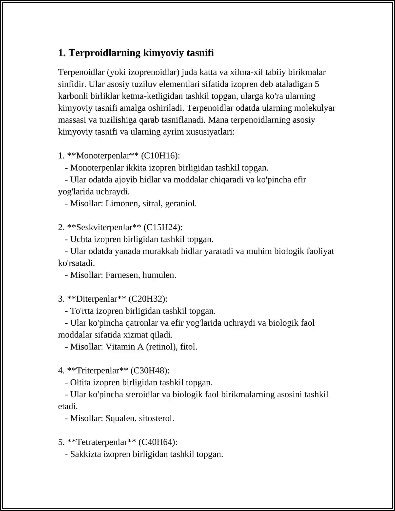 TERPROIDLARNING KIMYOVIY TASNIFI. EFIR MOYLARINING FIZIK KONSTANTALARI: QUIBLANGAN NUR TEKILIGINI OG' DIRISH KO RSATKICHINI ANIQLASH; EFIR MOYLARINING ERUVCHANLIGINI ANIQLASH. EVKALIPT TURLARI, OG GAYIN, KIYIK O'TI 3