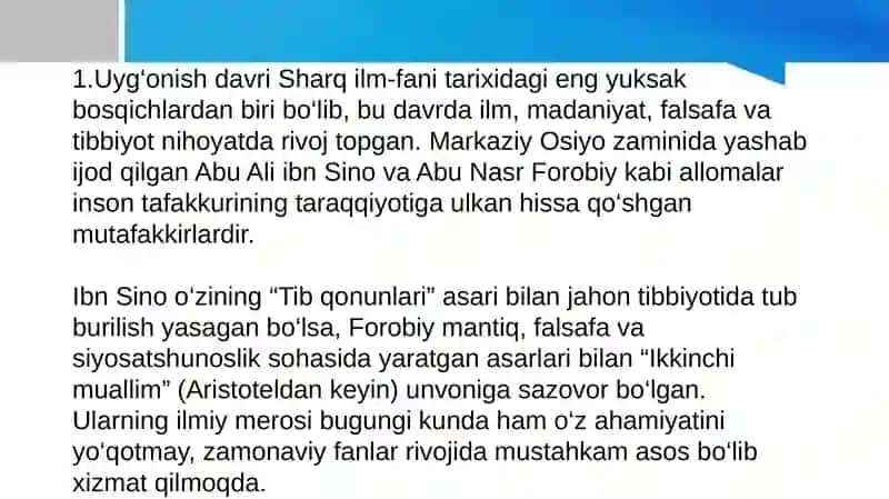 Abu Ali ibn Sino ijodi va faoliyati. ’’Tib qonunlari’’ asarining olamshumul ahamiyati. Abu Nasr Forobiy asarlarini o’rganishning dolzarbligi 3
