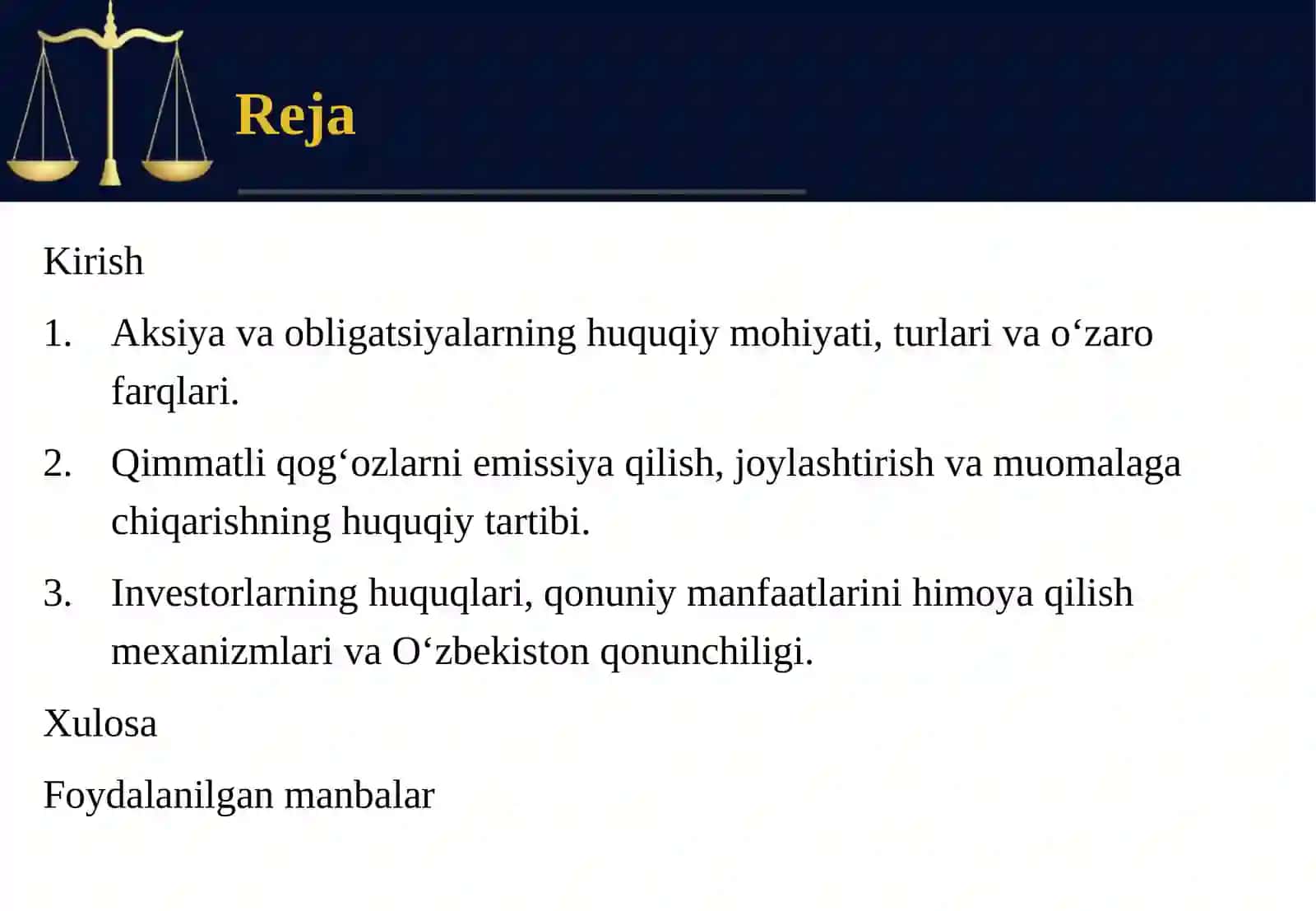 Aksiya va obligatsiyalarning huquqiy tabiati emissiya, joylashtirish, muomala va investorlar manfaatlarini himoya qilish.pptx 3