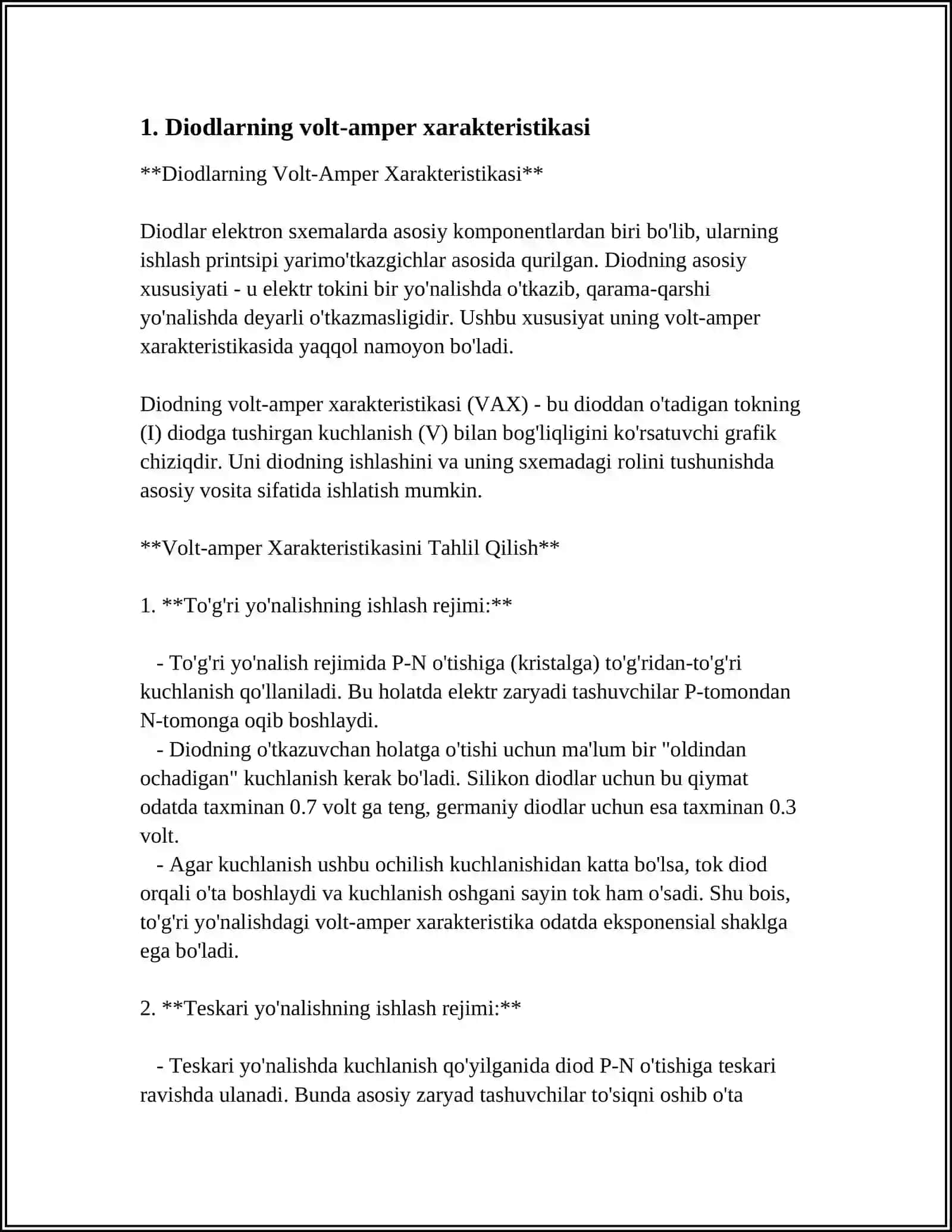 DIODLAR VOLT-AMPER XARAKTERISTIKALARI VA PARAMETRLARI, ULARNING TEMPERATURAGA BOG‘LIQLIGI 3