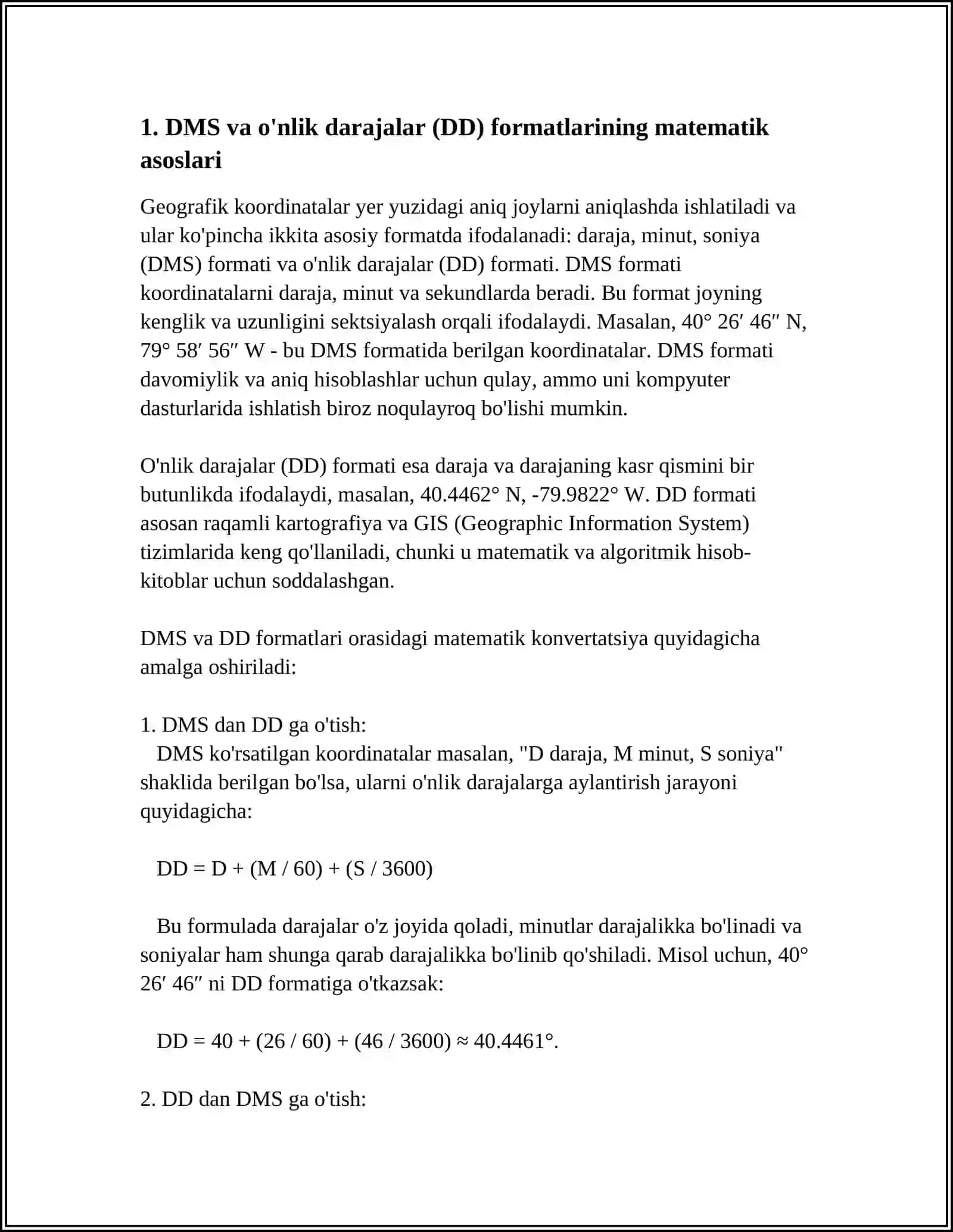 GEOGRAFIK KOORDINATALARNI HISOBLASH: DARAJA, MINUT, SONIYA (DMS) VA O'NLIK DARAJALAR DD) ORASIDAGI KONVERTATSIYA DASTURINI ISHLAB CHIQISH 3