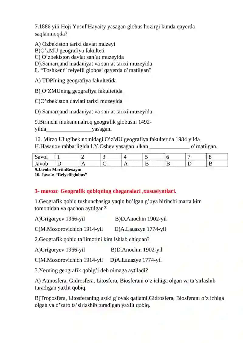 Materik va okeanlar tabiiy geografiyasidan test savollari 3