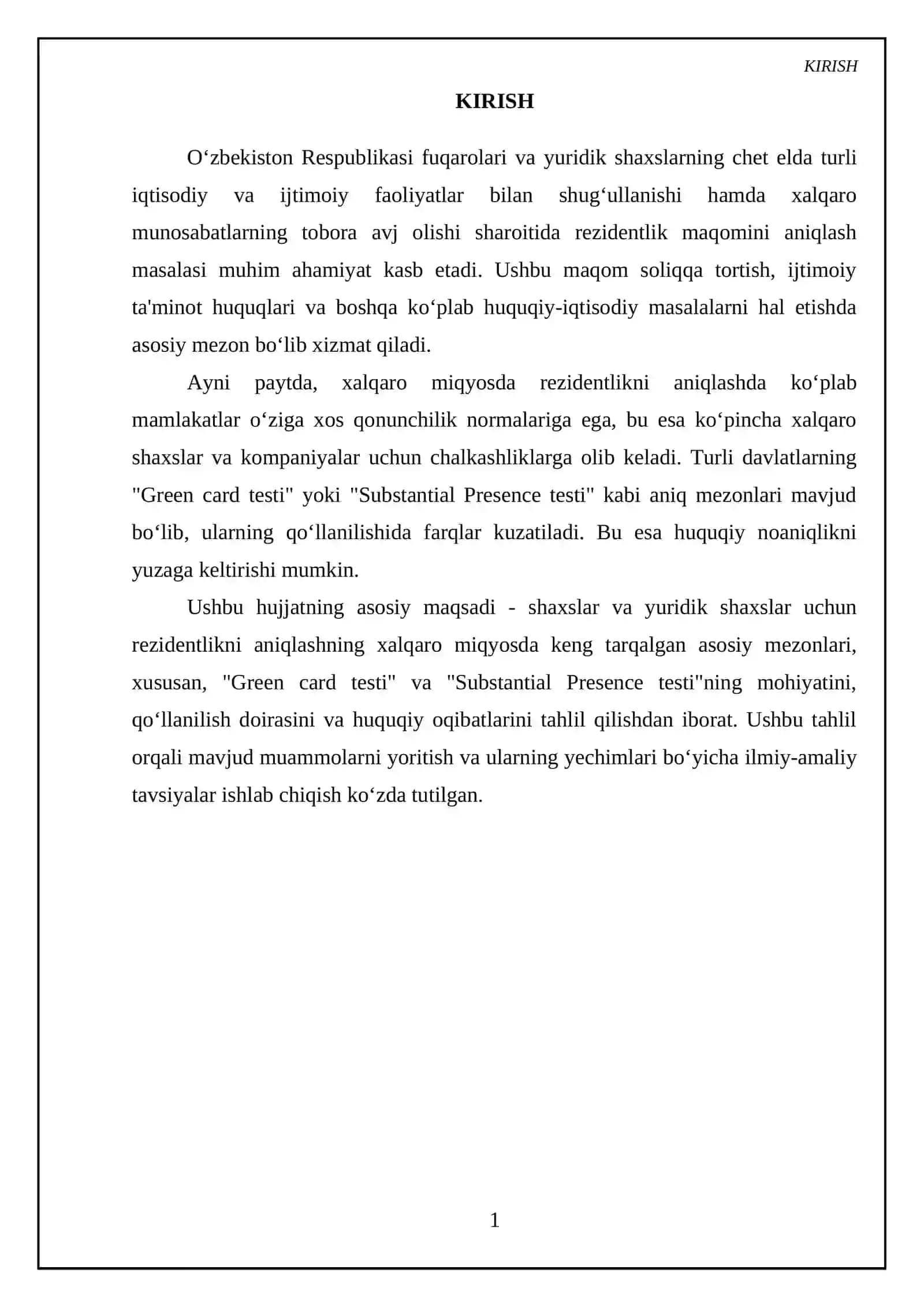 Shaxs va yuridik shaxs uchun rezidentlik aniqlash mezonlari (Green card testi, Substantial Presence testi) 3