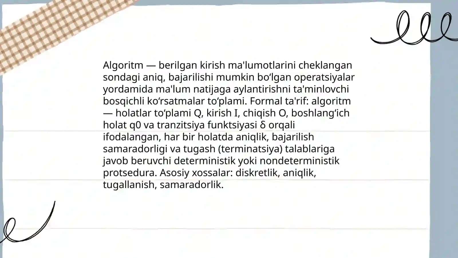 Algoritm tushunchasi va uning xossalari. Rekursiv va sanaluvchi to‘plamlar 3