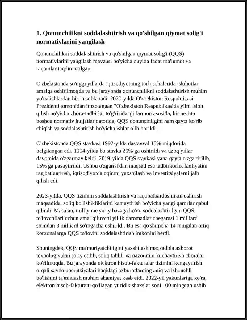 Qonunchilikni soddalashtirish va qo'shilgan qiymat solig'i normativlarini yangilash 3