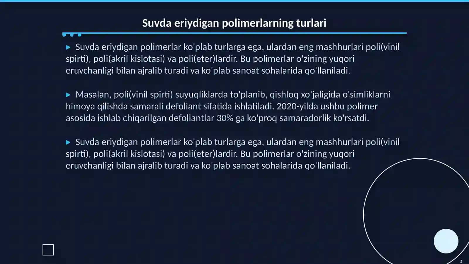 Suvda eriydigan polimerlar va defoliantlar munosabati 3